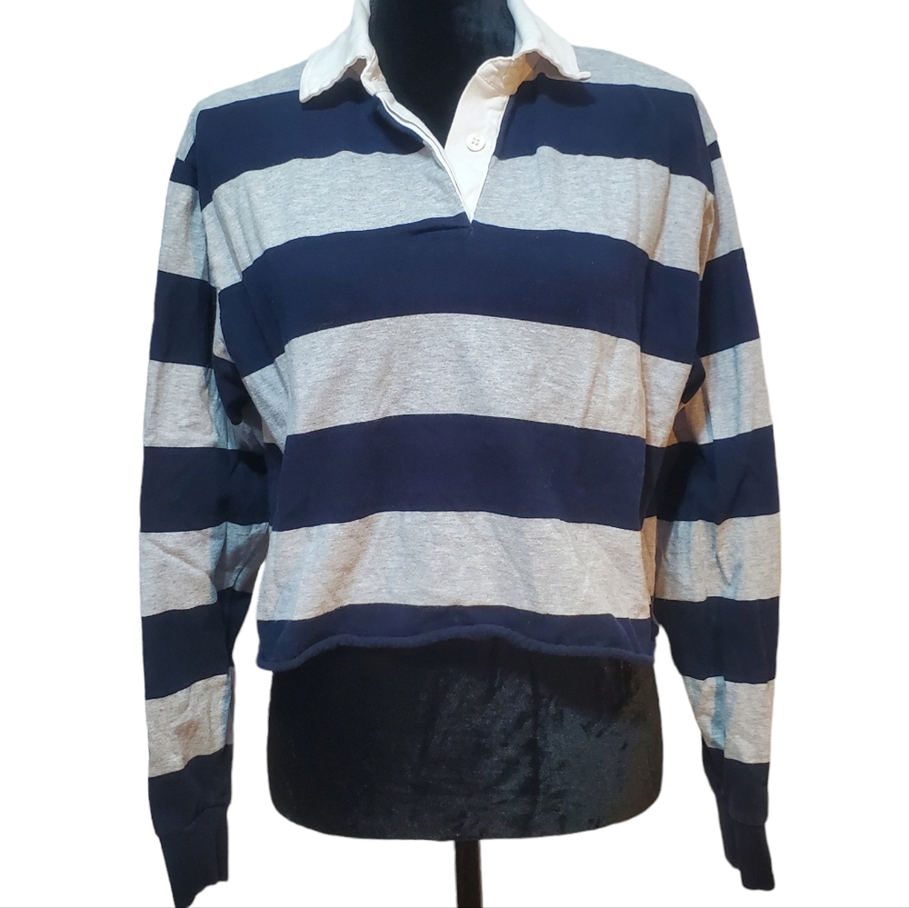 Brandy Melville Long sleeve cropped polo shirt Blue & Gray striped